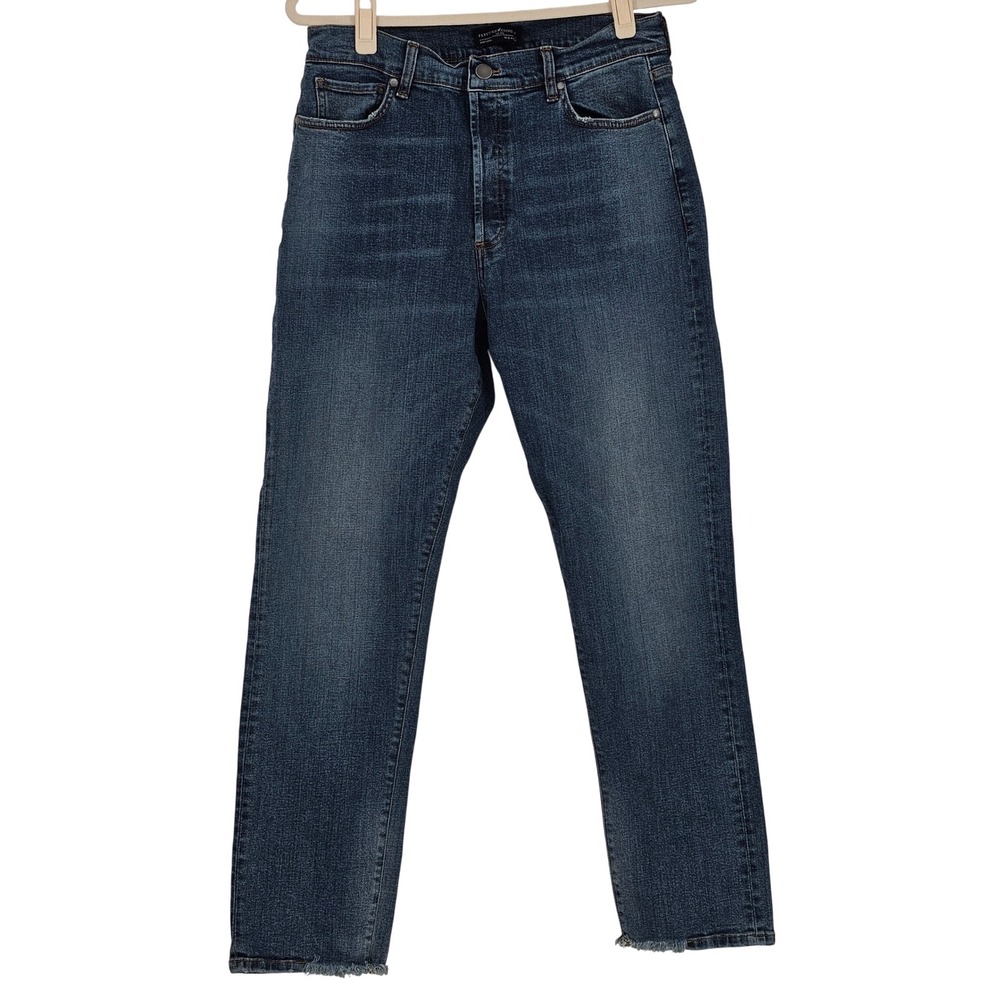 Peruvian Connection Straight Leg Jeans 12 Blue Dark Wash Distressed Button Fly